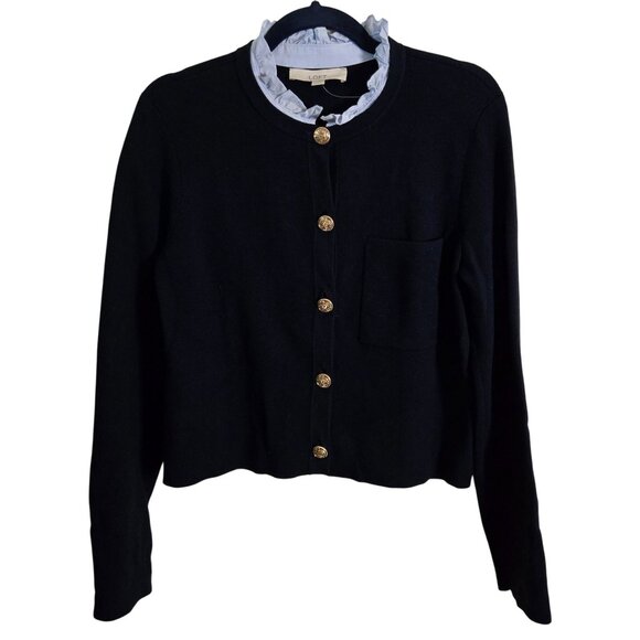 Loft 2024 Navy Gold Button Pale Blue Ruffle Collar Lady Cardigan Sweater Size - Picture 2 of 9